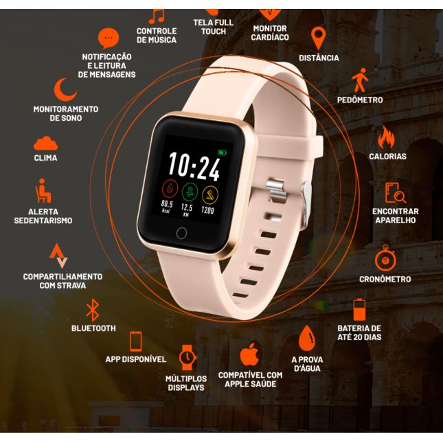 Relógio Smartwatch Roma Rosa Android iOS Preto Es268 Atrio Multilaser